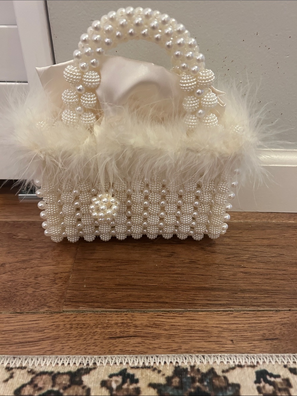 Pearl & Feather Accent Ivory Handbag